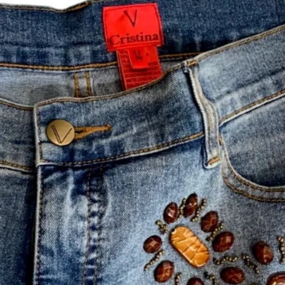 NWT: V Cristina Capri Jeans medium wash Beaded Jeweled details women’s size 14 - Picture 5 of 6